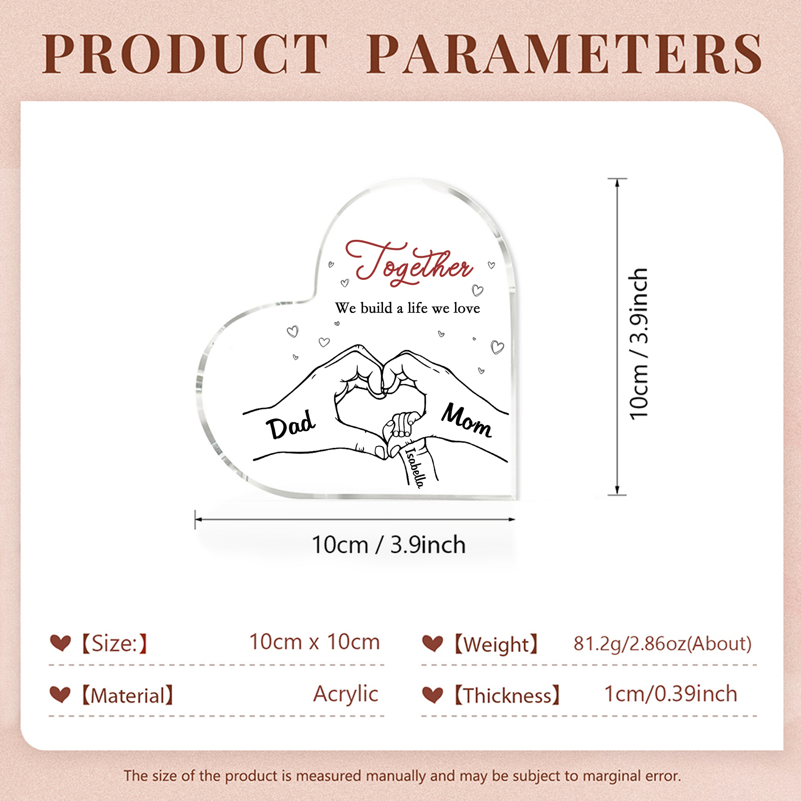 Personalised Family Heart Acrylic Plaque Custom with 3 Names Heart Hand Gift for Parents-Jessemade AU