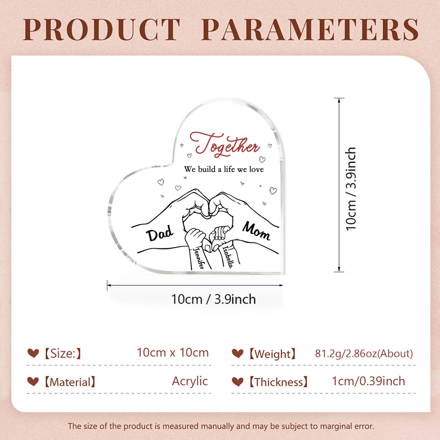 Personalised Family Heart Acrylic Plaque Custom with 4 Names Heart Hand Gift for Parents-Jessemade AU