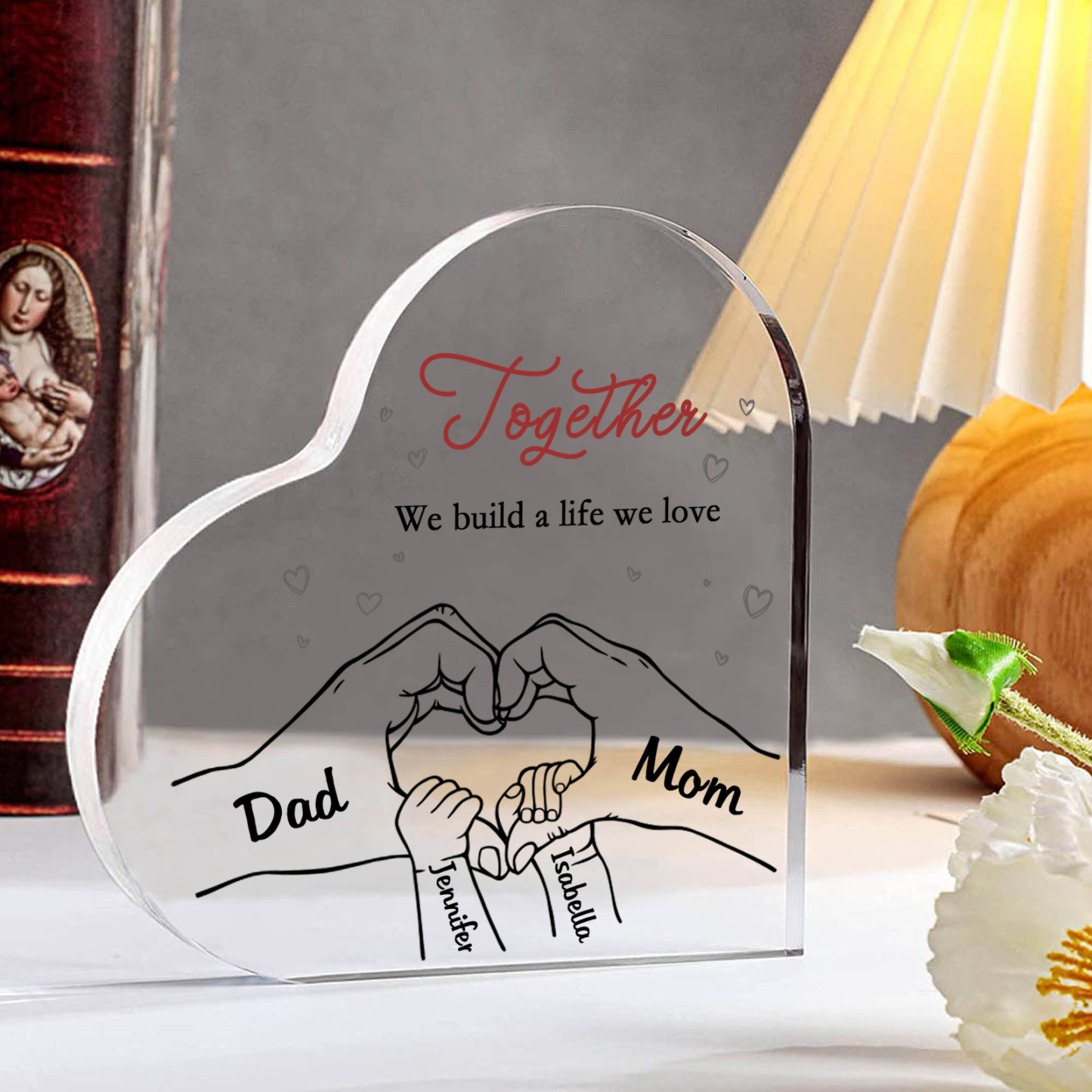 Personalised Family Heart Acrylic Plaque Custom with 4 Names Heart Hand Gift for Parents-Jessemade AU