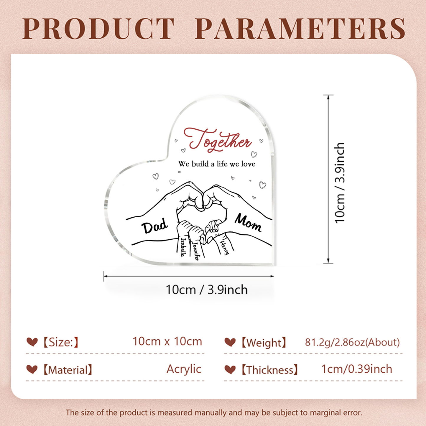 Personalised Family Heart Acrylic Plaque Custom with 5 Names Heart Hand Gift for Parents-Jessemade AU