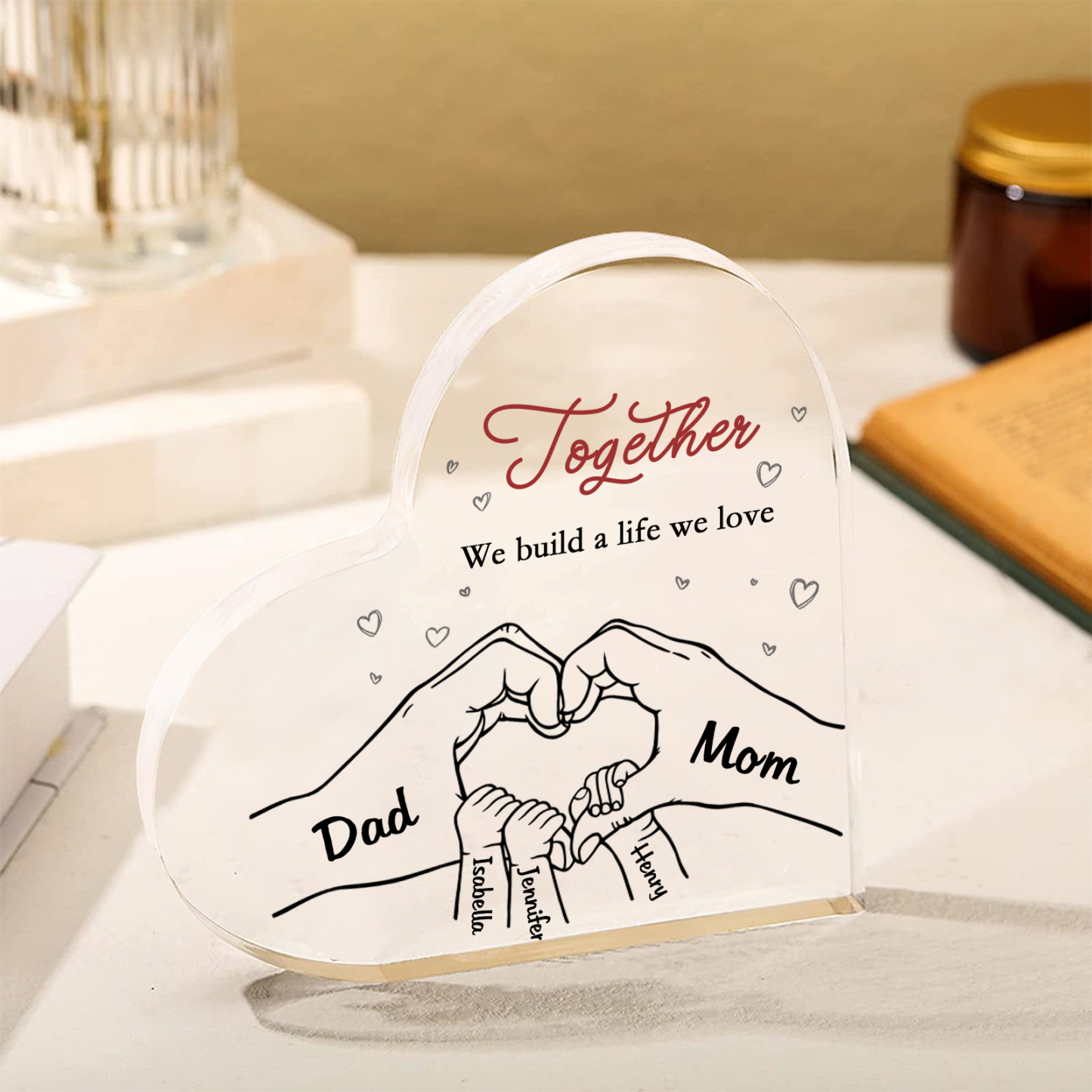 Personalised Family Heart Acrylic Plaque Custom with 5 Names Heart Hand Gift for Parents-Jessemade AU