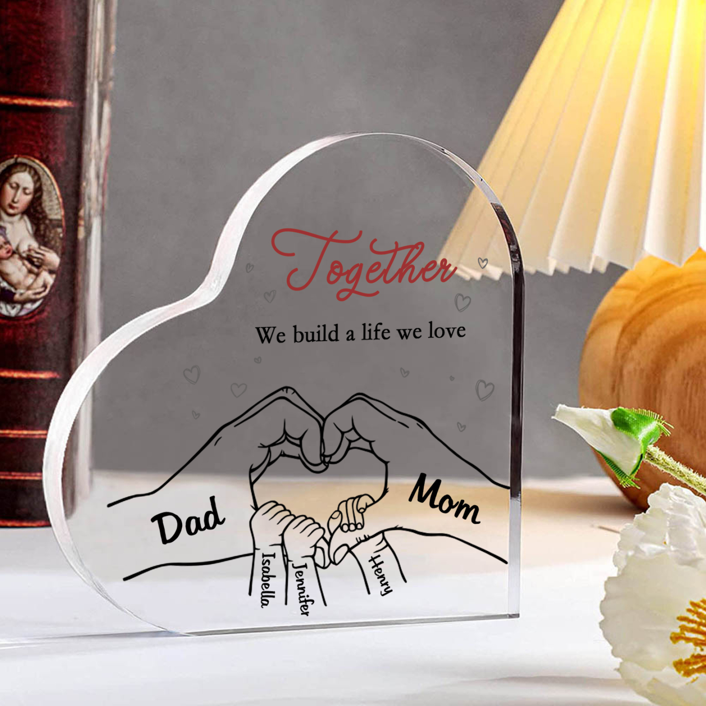 Personalised Family Heart Acrylic Plaque Custom with 5 Names Heart Hand Gift for Parents-Jessemade AU