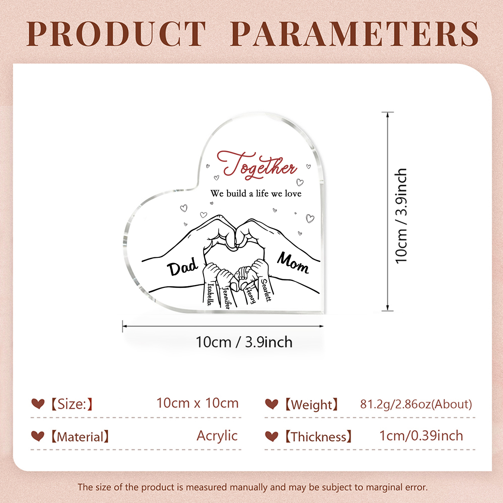 Personalised Family Heart Acrylic Plaque Custom with 6 Names Heart Hand Gift for Parents-Jessemade AU