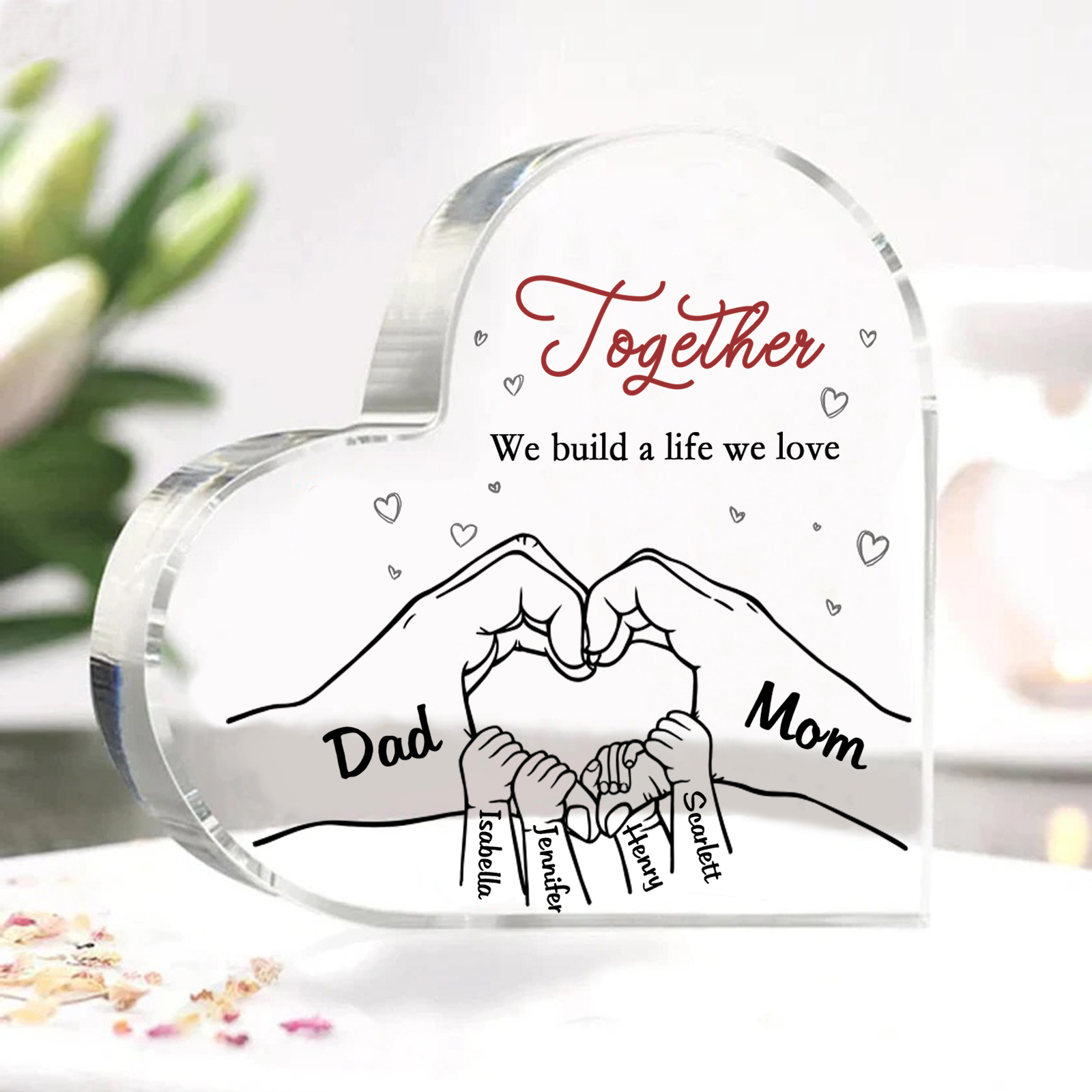Personalised Family Heart Acrylic Plaque Custom with 6 Names Heart Hand Gift for Parents-Jessemade AU