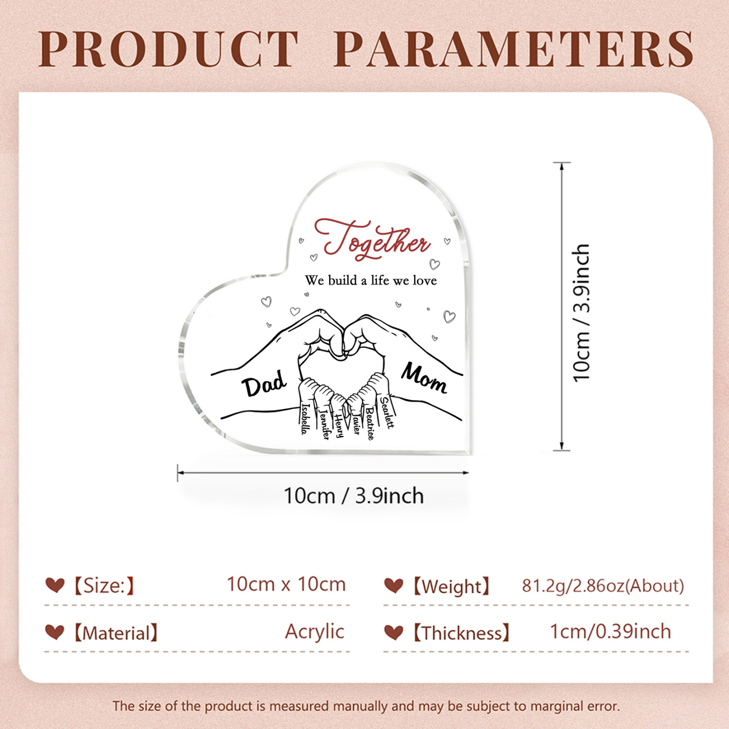 Personalised Family Heart Acrylic Plaque Custom with 8 Names Heart Hand Gift for Parents-Jessemade AU