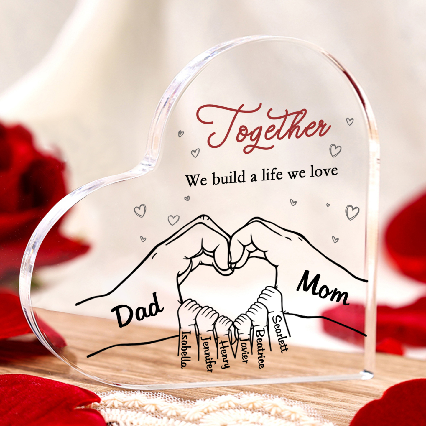 Personalised Family Heart Acrylic Plaque Custom with 8 Names Heart Hand Gift for Parents-Jessemade AU