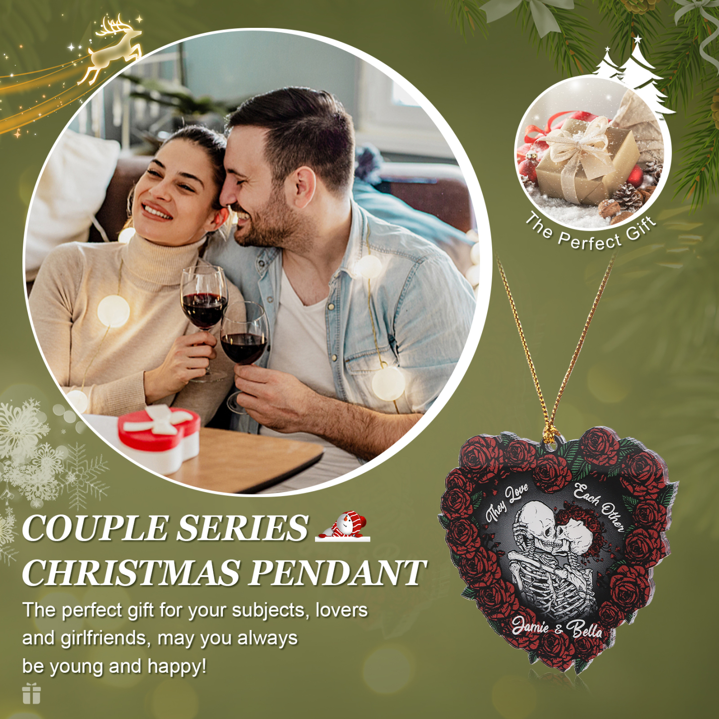 Personalised Heart-Shaped Red Rose Ornament with Two Kissing Skulls Custom 2 Names Decoration-Jessemade AU