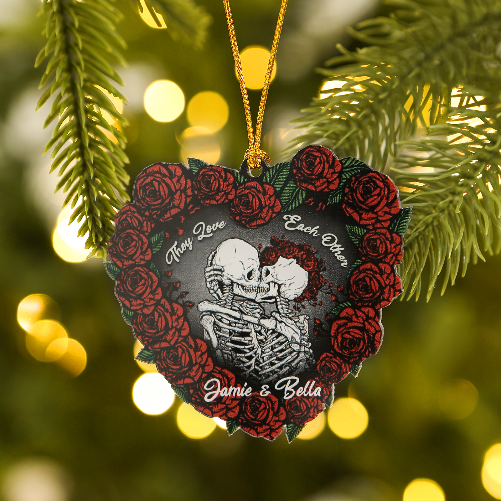 Personalised Heart-Shaped Red Rose Ornament with Two Kissing Skulls Custom 2 Names Decoration-Jessemade AU