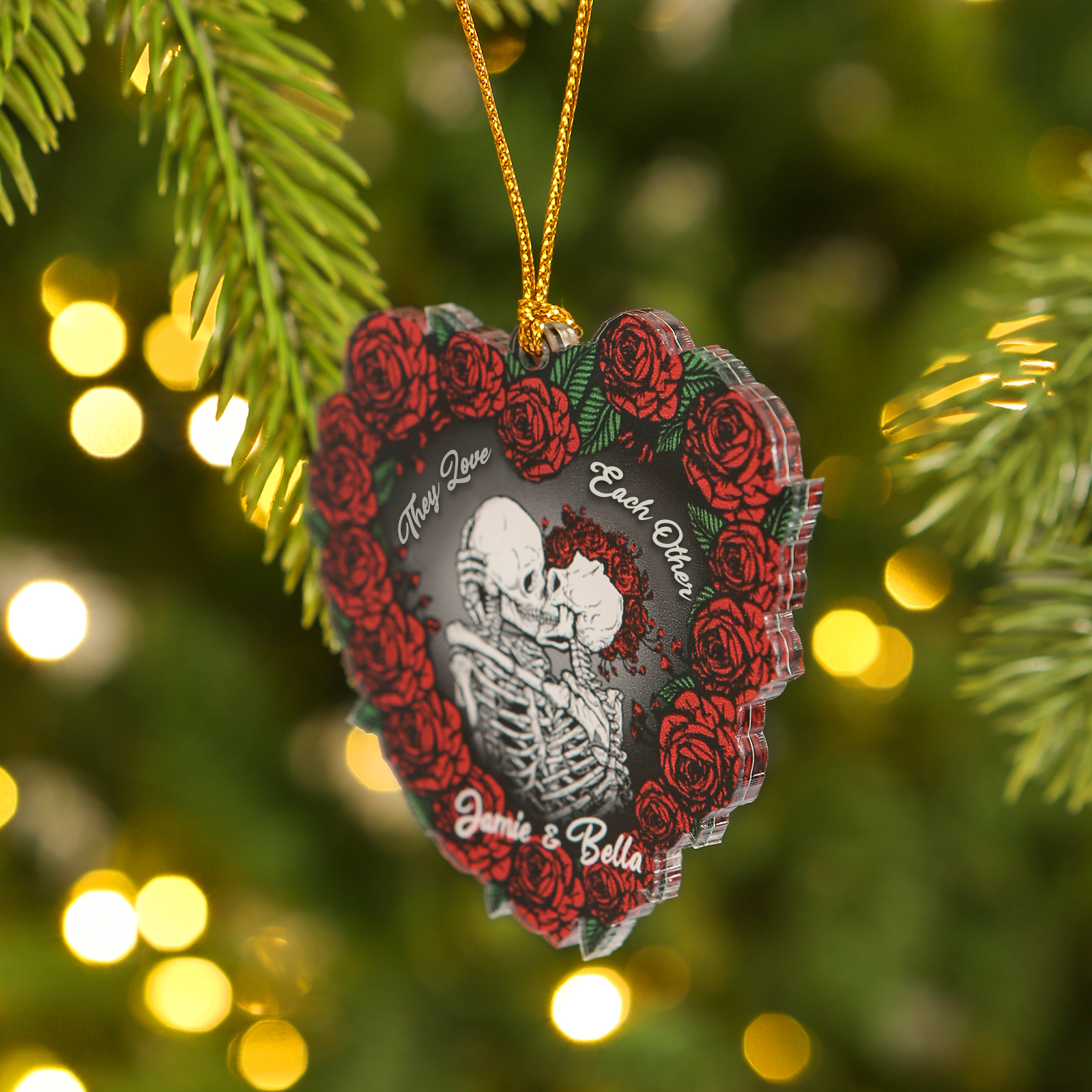 Personalised Heart-Shaped Red Rose Ornament with Two Kissing Skulls Custom 2 Names Decoration-Jessemade AU