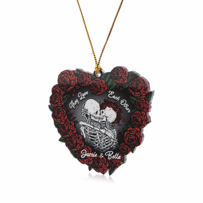 Personalised Heart-Shaped Red Rose Ornament with Two Kissing Skulls Custom 2 Names Decoration-Jessemade AU