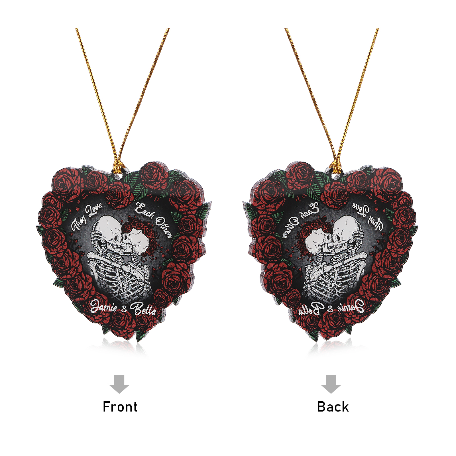Personalised Heart-Shaped Red Rose Ornament with Two Kissing Skulls Custom 2 Names Decoration-Jessemade AU