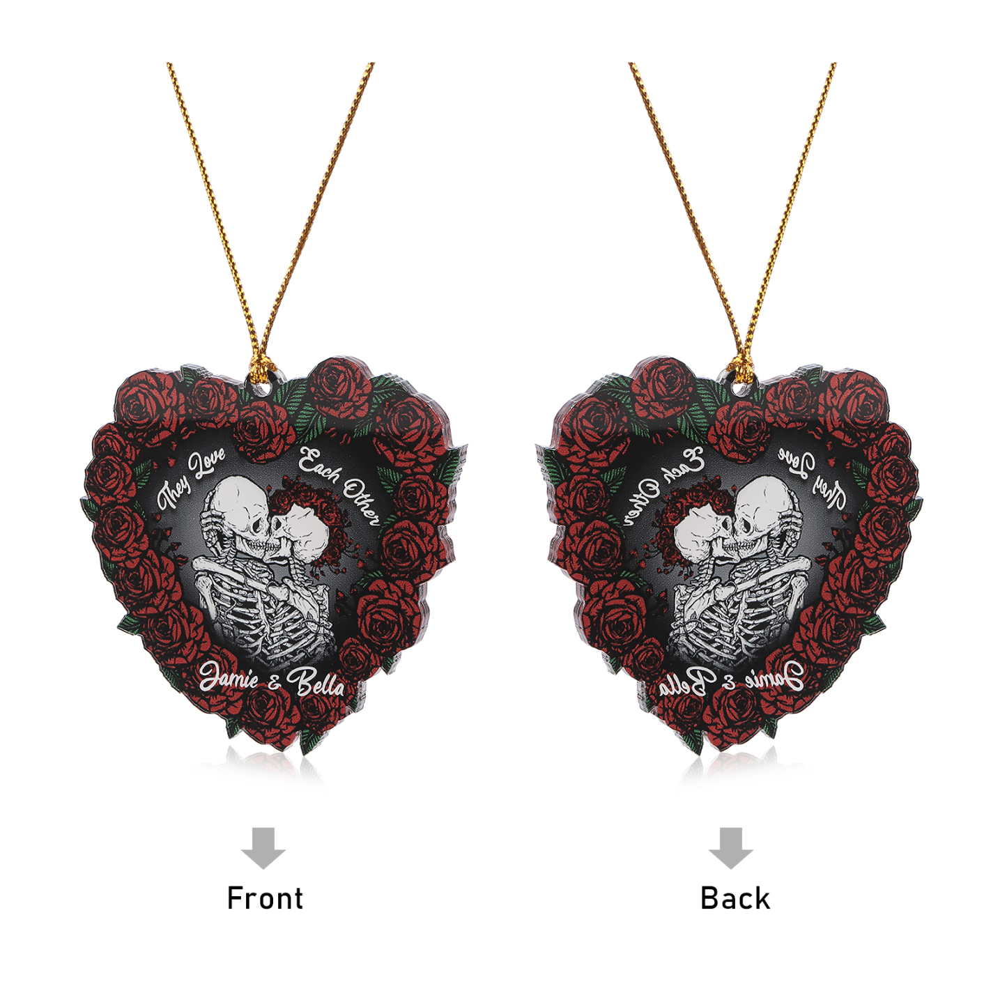 Personalised Heart-Shaped Red Rose Ornament with Two Kissing Skulls Custom 2 Names Decoration-Jessemade AU