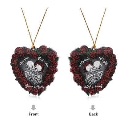 Personalised Heart-Shaped Red Rose Ornament with Two Kissing Skulls Custom 2 Names Decoration-Jessemade AU