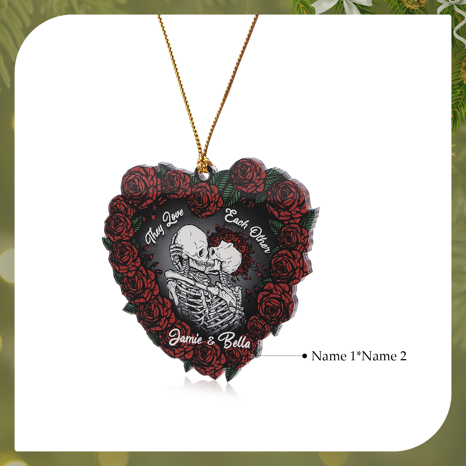 Personalised Heart-Shaped Red Rose Ornament with Two Kissing Skulls Custom 2 Names Decoration-Jessemade AU