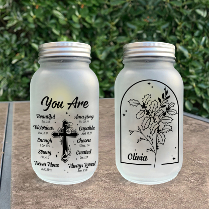 Personalised Birth Flower Mason Jar Light Custom Name Bottle Gifts for Her - You Are Beautiful Victorious Enough Strong Never Alone-Jessemade AU