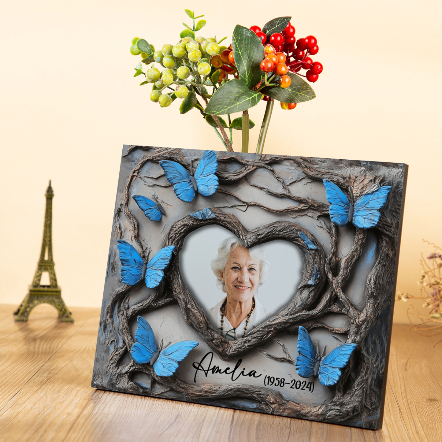 Personalised Memorial Frame with Photo Name & Year with Elegant Blue Butterfly Design-Jessemade AU