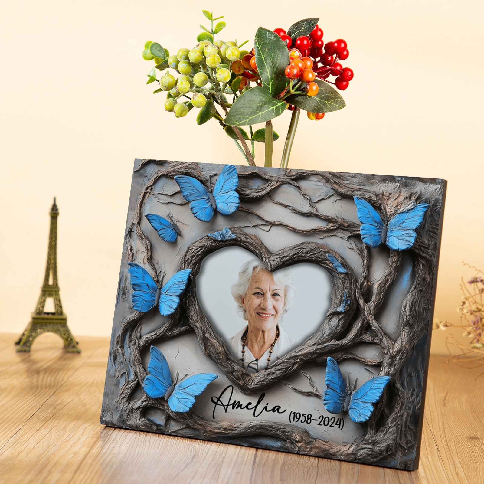 Personalised Memorial Frame with Photo Name & Year with Elegant Blue Butterfly Design-Jessemade AU