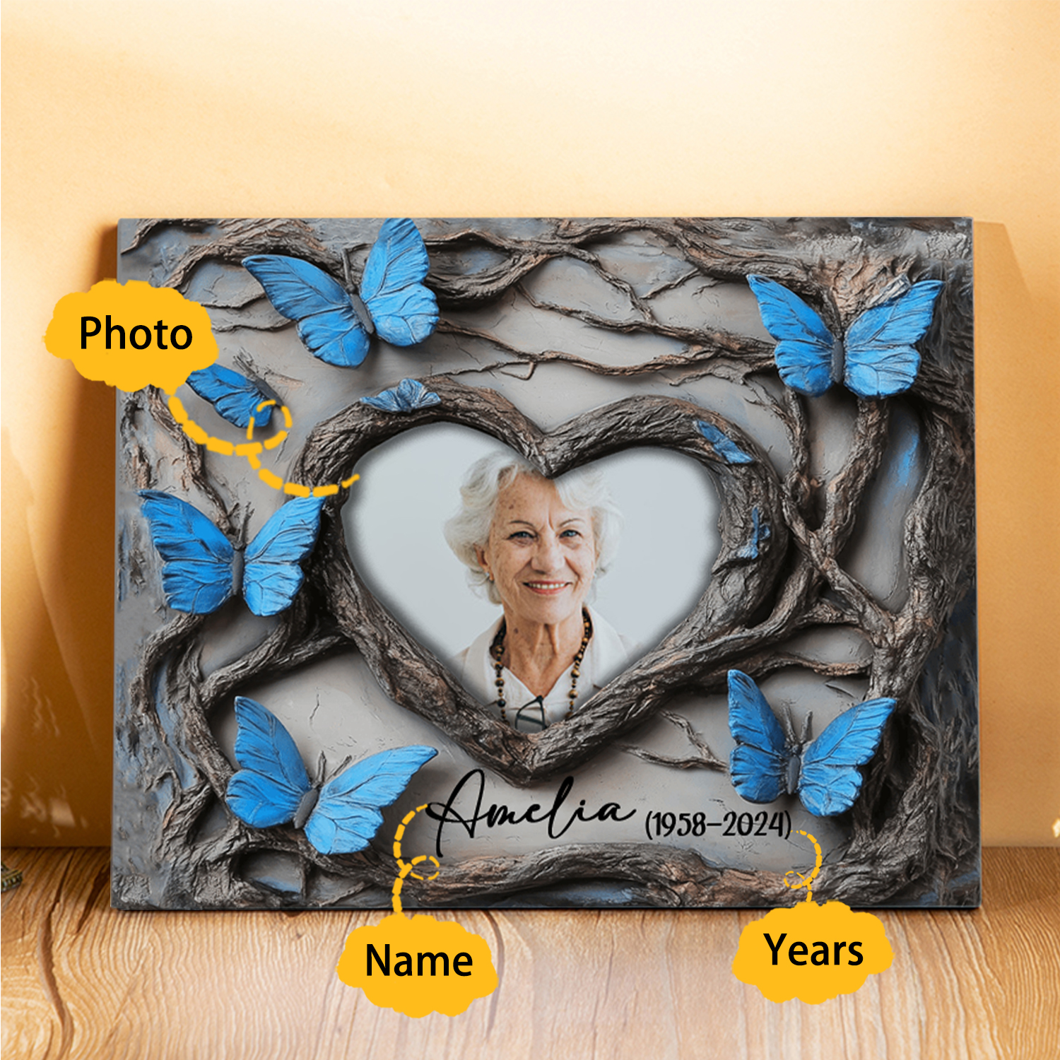 Commemorative Photo Frame with Elegant Blue Butterfly Design