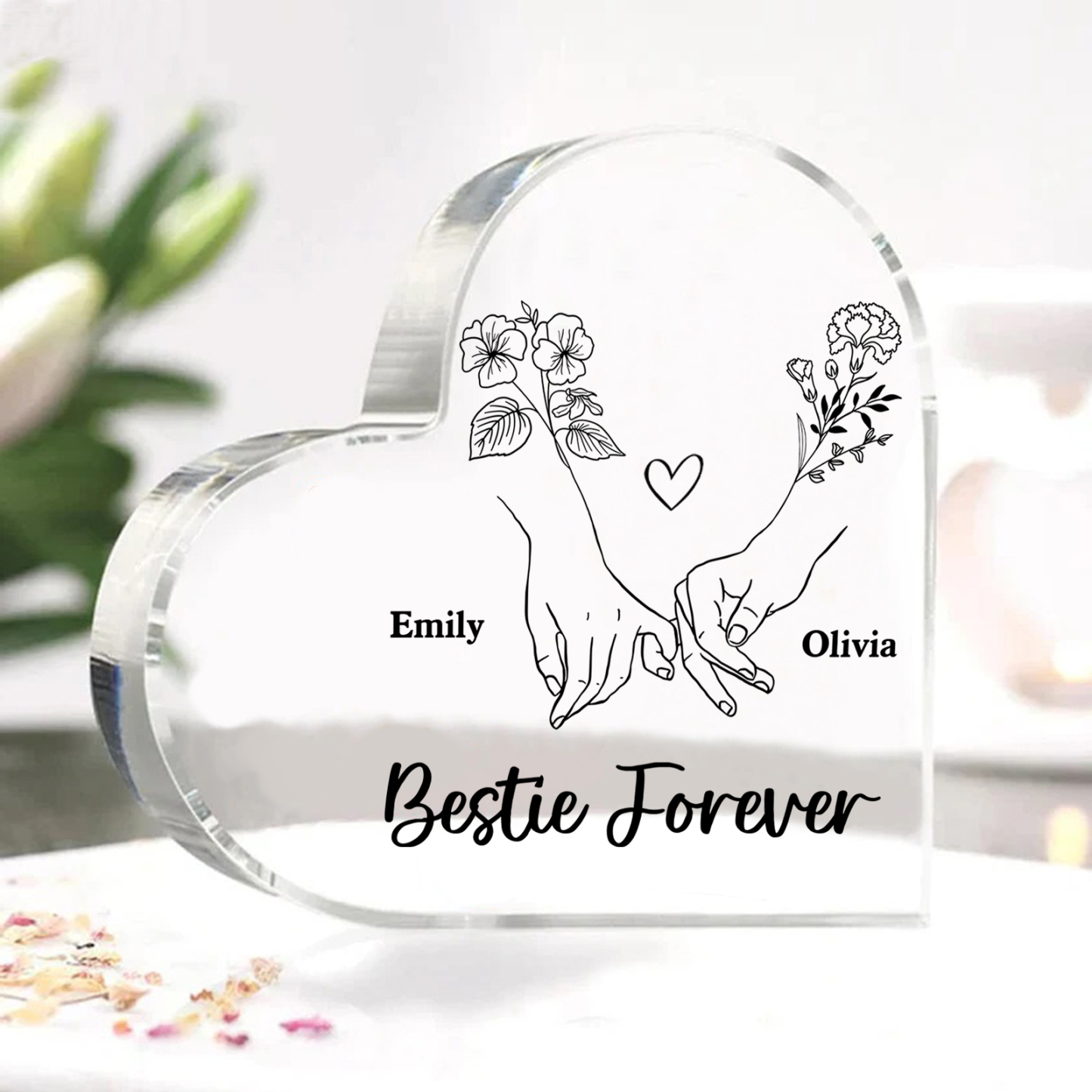 Personalised Heart Acrylic Plaque Custom 2 Names 2 Birth Flowers Gift for Sister Bestie Friend-Jessemade AU