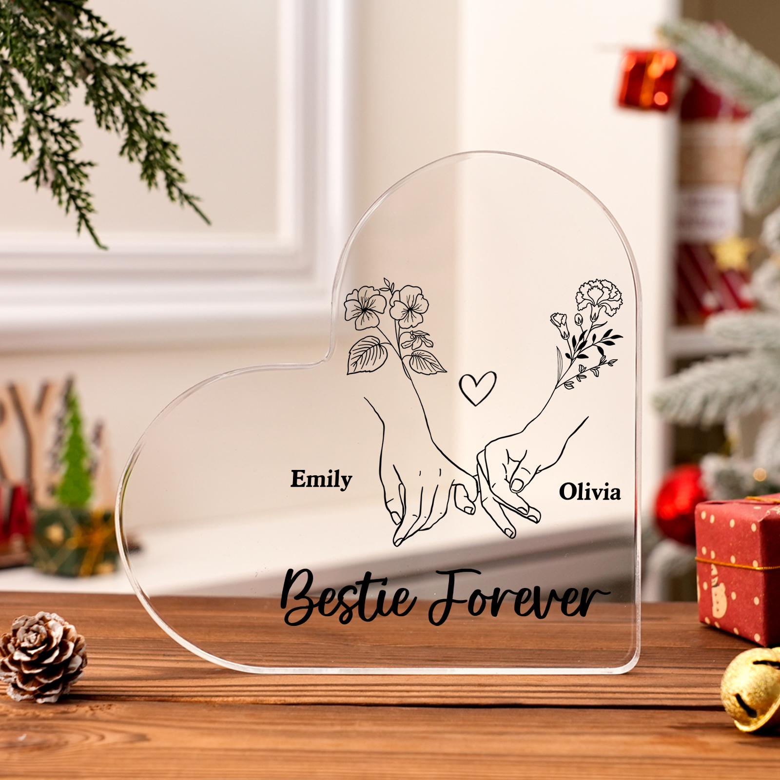 Personalised Heart Acrylic Plaque Custom 2 Names 2 Birth Flowers Gift for Sister Bestie Friend-Jessemade AU
