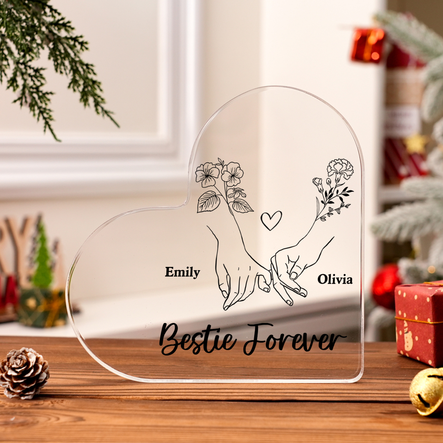 Personalised Heart Acrylic Plaque Custom 2 Names 2 Birth Flowers Gift for Sister Bestie Friend-Jessemade AU