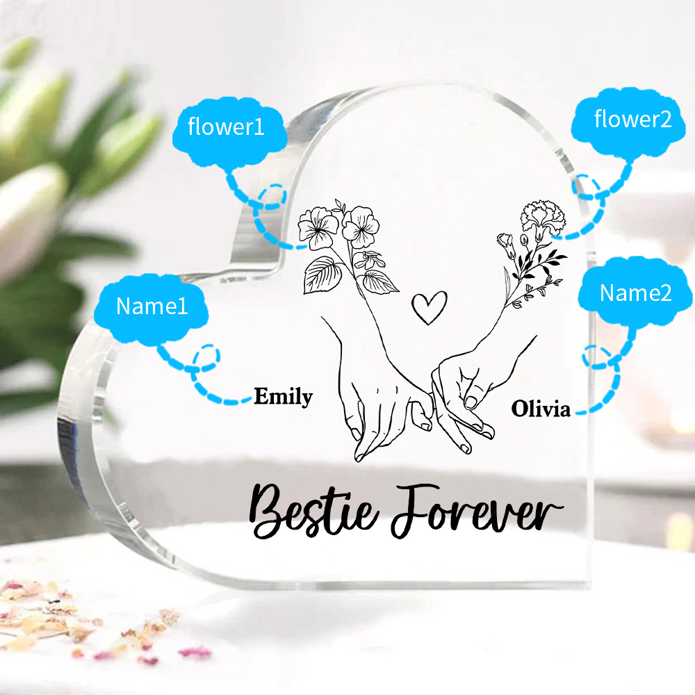Personalised Heart Acrylic Plaque Custom 2 Names 2 Birth Flowers Gift for Sister Bestie Friend-Jessemade AU