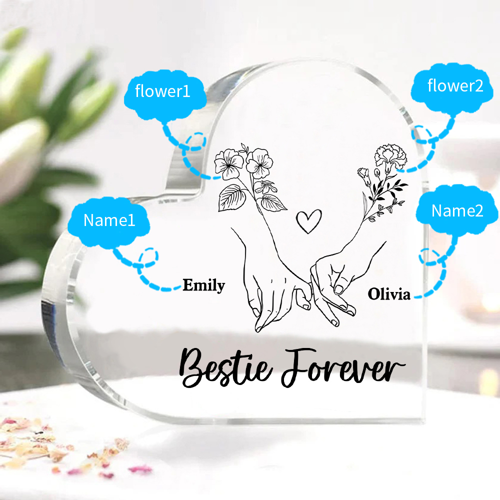 Personalised Heart Acrylic Plaque Custom 2 Names 2 Birth Flowers Gift for Sister Bestie Friend-Jessemade AU