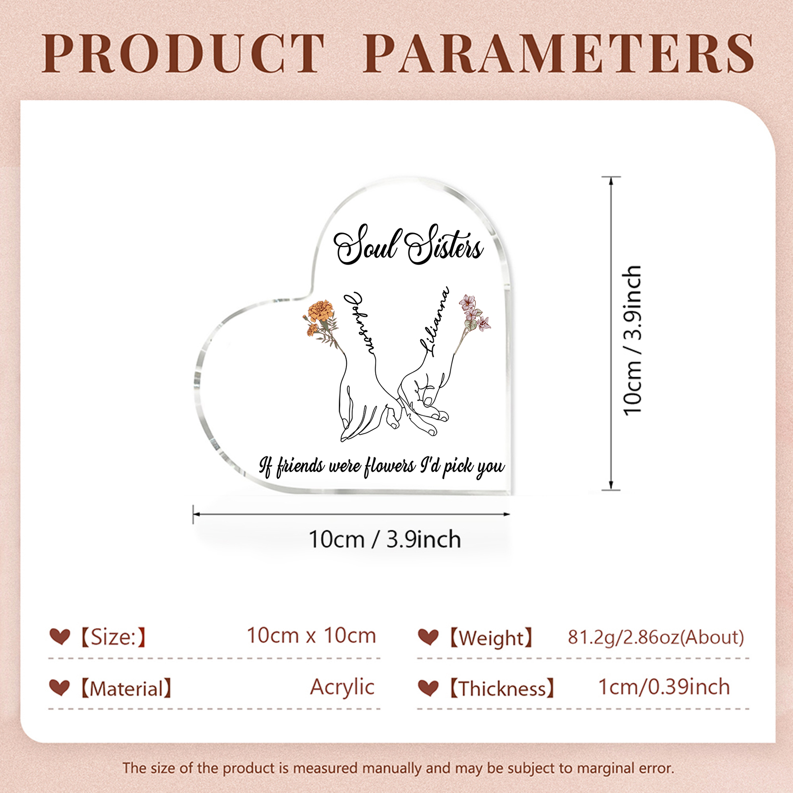 Personalised Heart Acrylic Plaque Custom 2 Names 2 Birth Flowers Gift for Soul Sister Bestie Friend-Jessemade AU