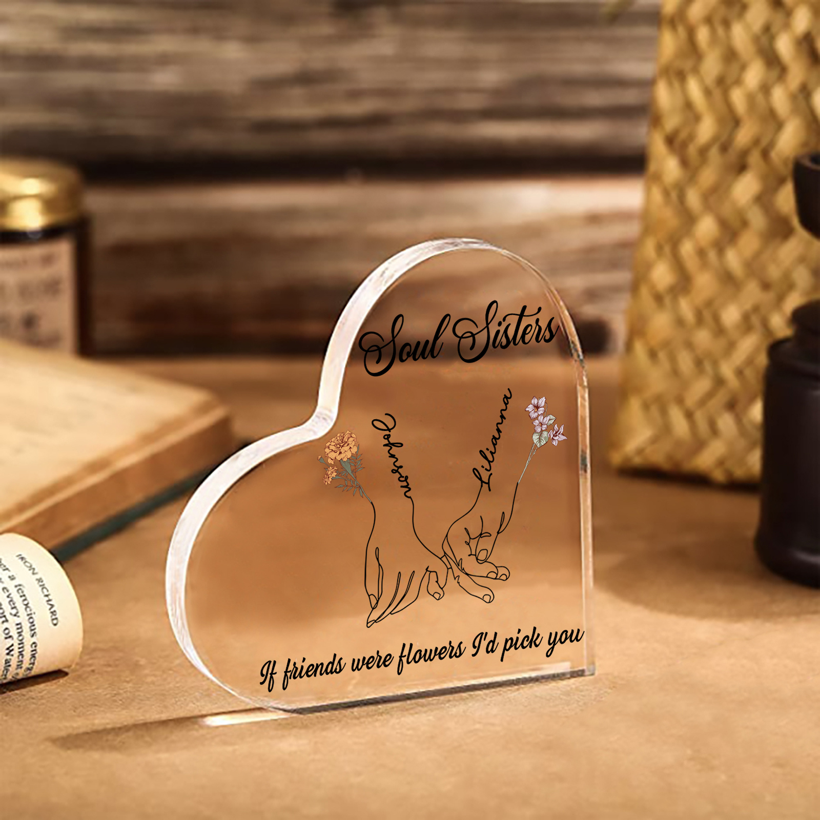 Personalised Heart Acrylic Plaque Custom 2 Names 2 Birth Flowers Gift for Soul Sister Bestie Friend-Jessemade AU