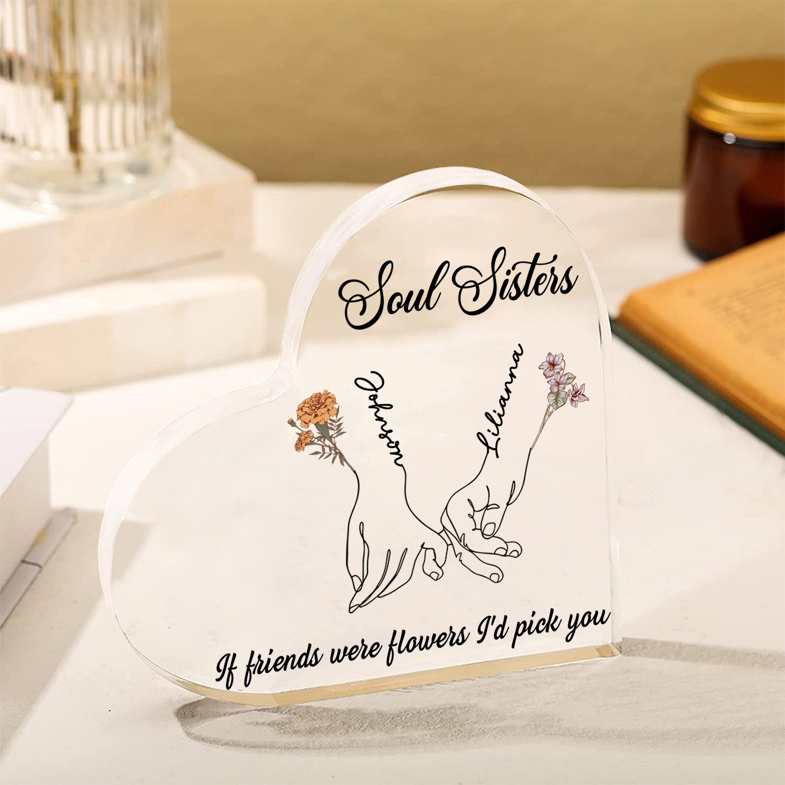 Personalised Heart Acrylic Plaque Custom 2 Names 2 Birth Flowers Gift for Soul Sister Bestie Friend-Jessemade AU