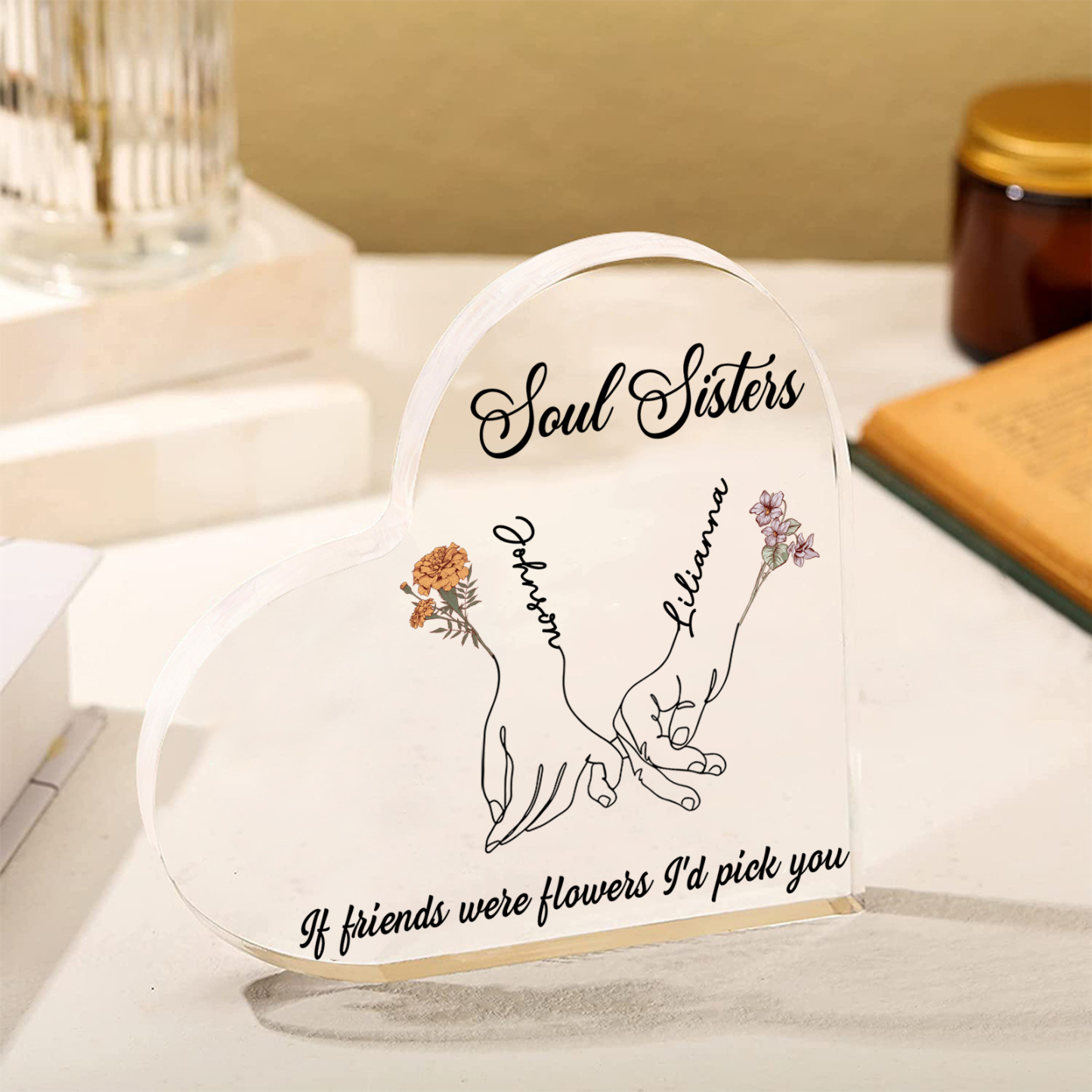 Personalised Heart Acrylic Plaque Custom 2 Names 2 Birth Flowers Gift for Soul Sister Bestie Friend-Jessemade AU