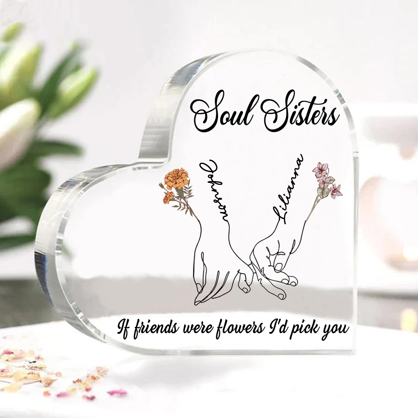 Personalised Heart Acrylic Plaque Custom 2 Names 2 Birth Flowers Gift for Soul Sister Bestie Friend-Jessemade AU