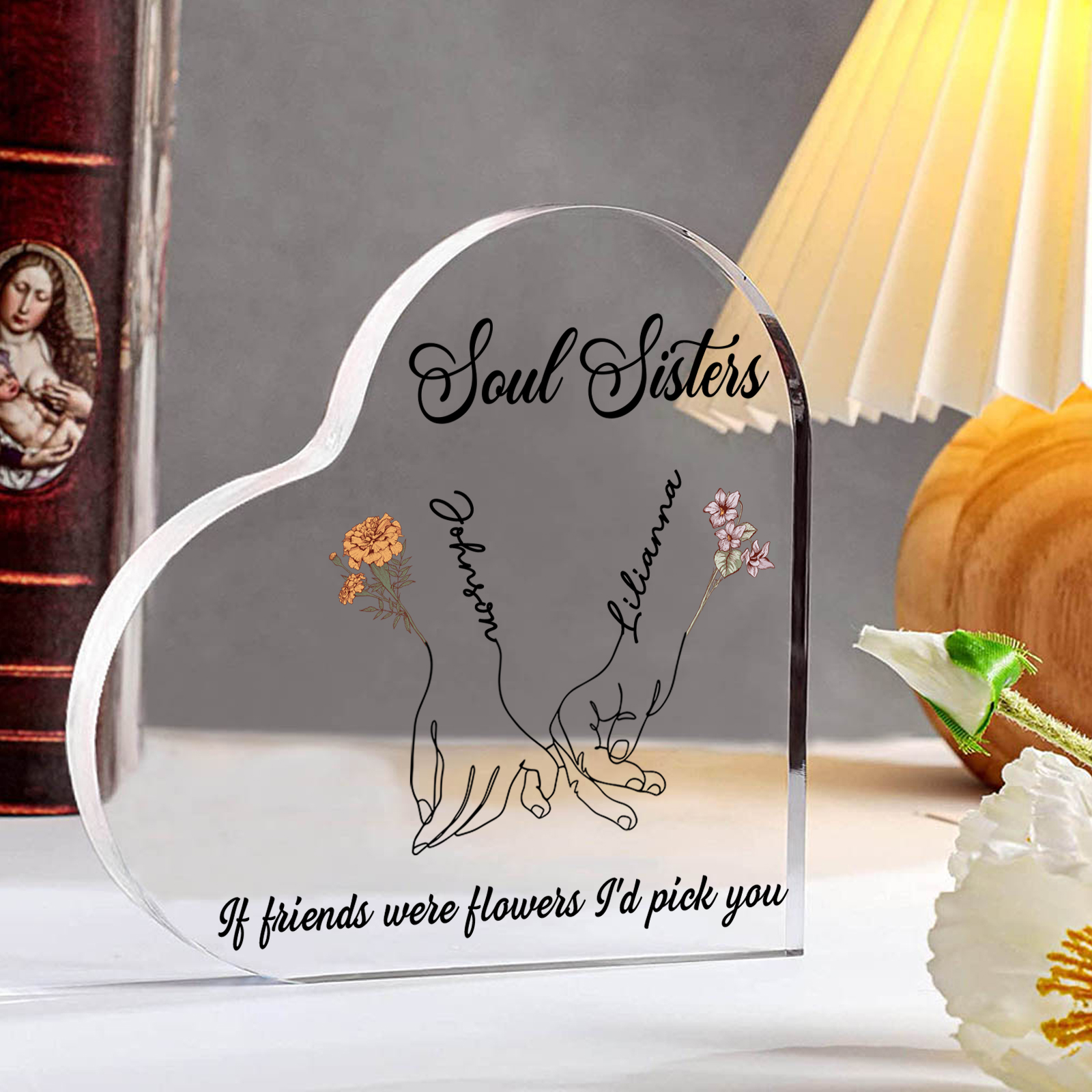 Personalised Heart Acrylic Plaque Custom 2 Names 2 Birth Flowers Gift for Soul Sister Bestie Friend-Jessemade AU