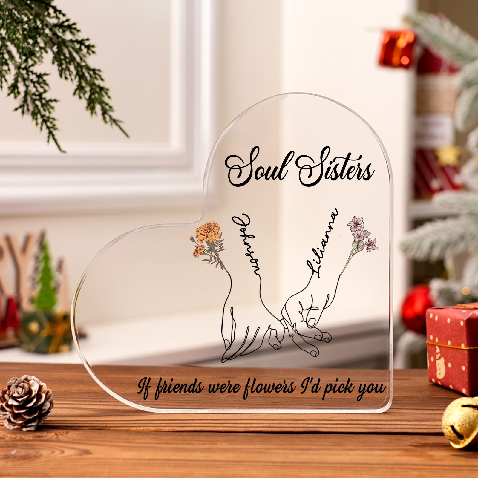 Personalised Heart Acrylic Plaque Custom 2 Names 2 Birth Flowers Gift for Soul Sister Bestie Friend-Jessemade AU