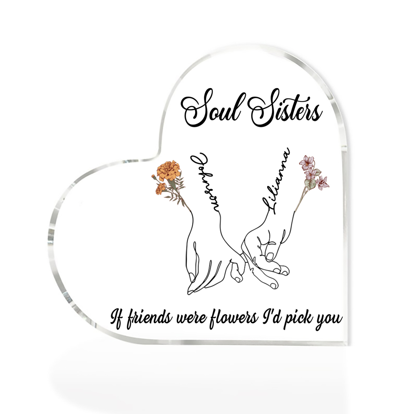 Personalised Heart Acrylic Plaque Custom 2 Names 2 Birth Flowers Gift for Soul Sister Bestie Friend-Jessemade AU