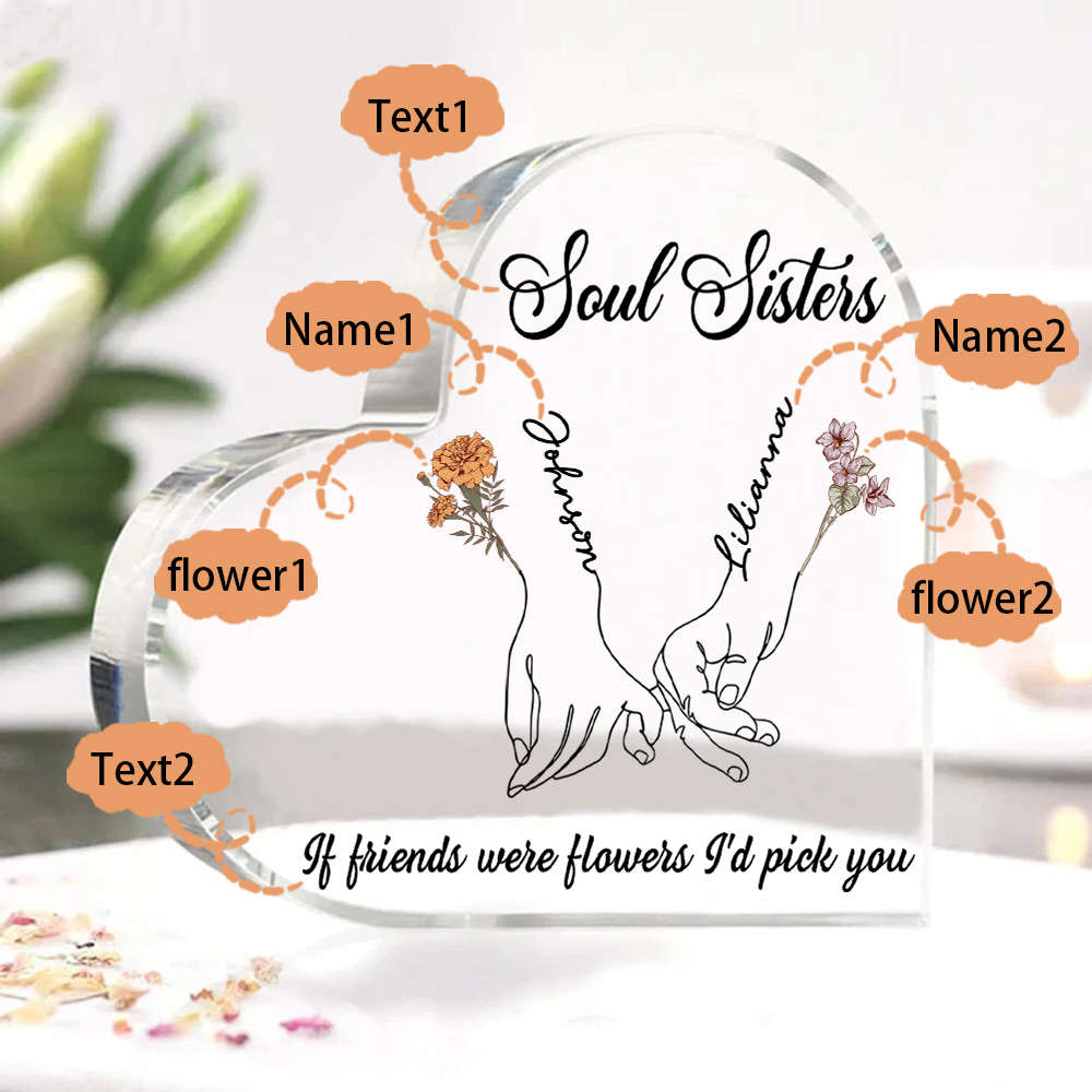Personalised Heart Acrylic Plaque Custom 2 Names 2 Birth Flowers Gift for Soul Sister Bestie Friend-Jessemade AU