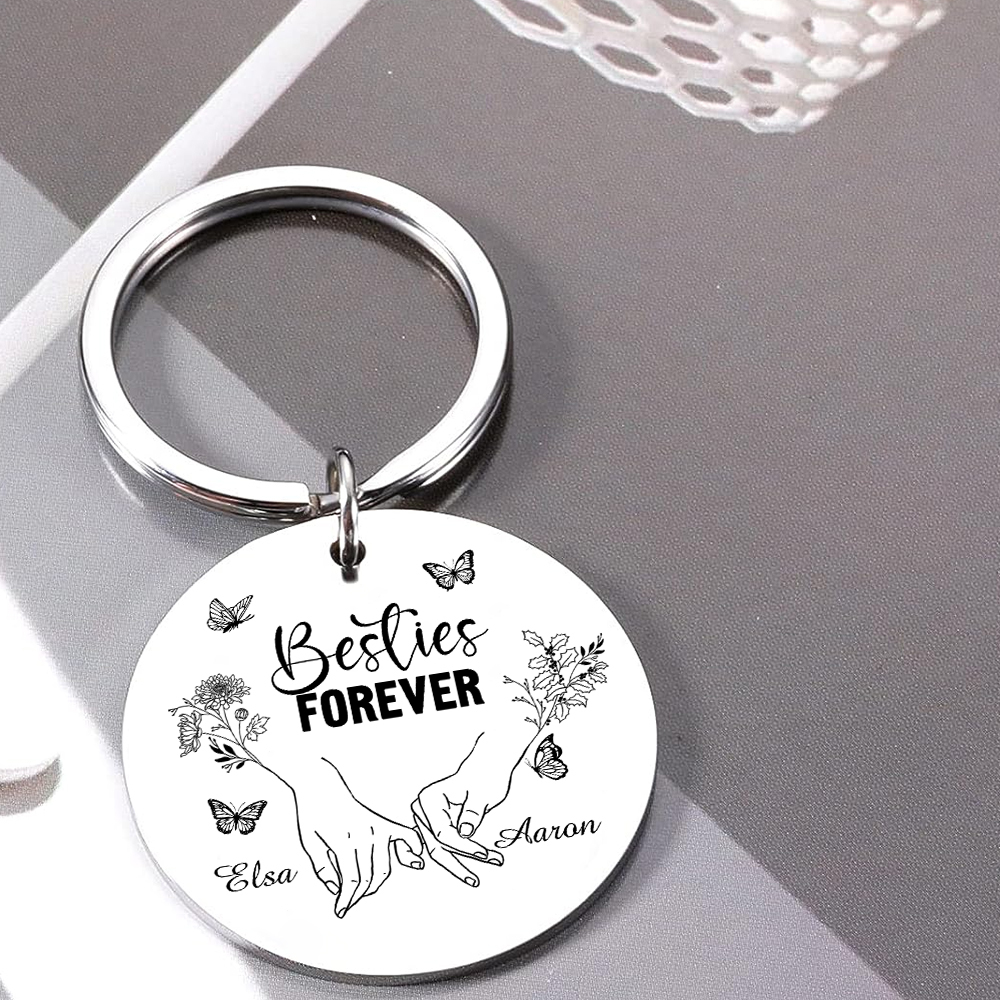Pinky Swear Personalised Round Keychain Custom with Text 2 Names 2 Birth Flower Butterfly Keyring Gift For Friend Sister Bestie-Jessemade AU