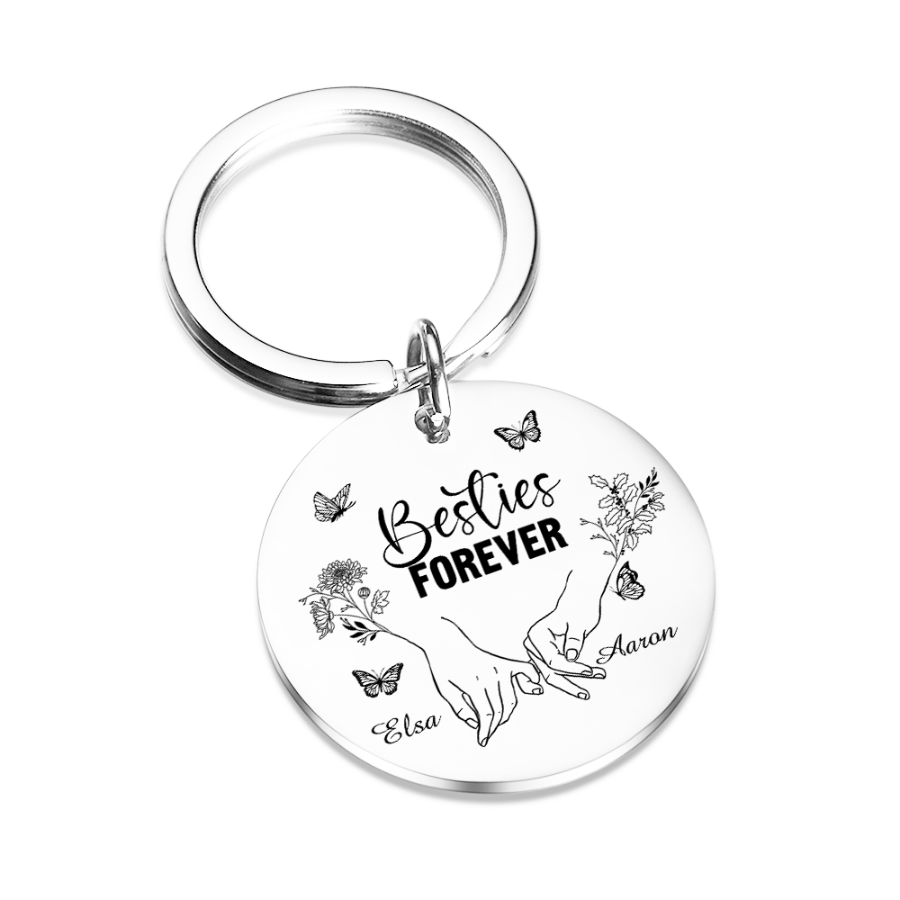 Pinky Swear Personalised Round Keychain Custom with Text 2 Names 2 Birth Flower Butterfly Keyring Gift For Friend Sister Bestie