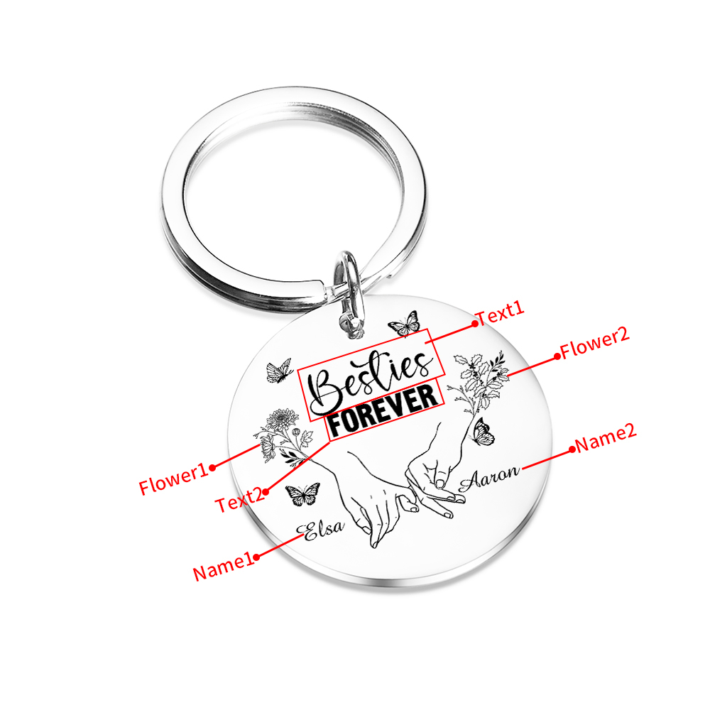 Pinky Swear Personalised Round Keychain Custom with Text 2 Names 2 Birth Flower Butterfly Keyring Gift For Friend Sister Bestie
