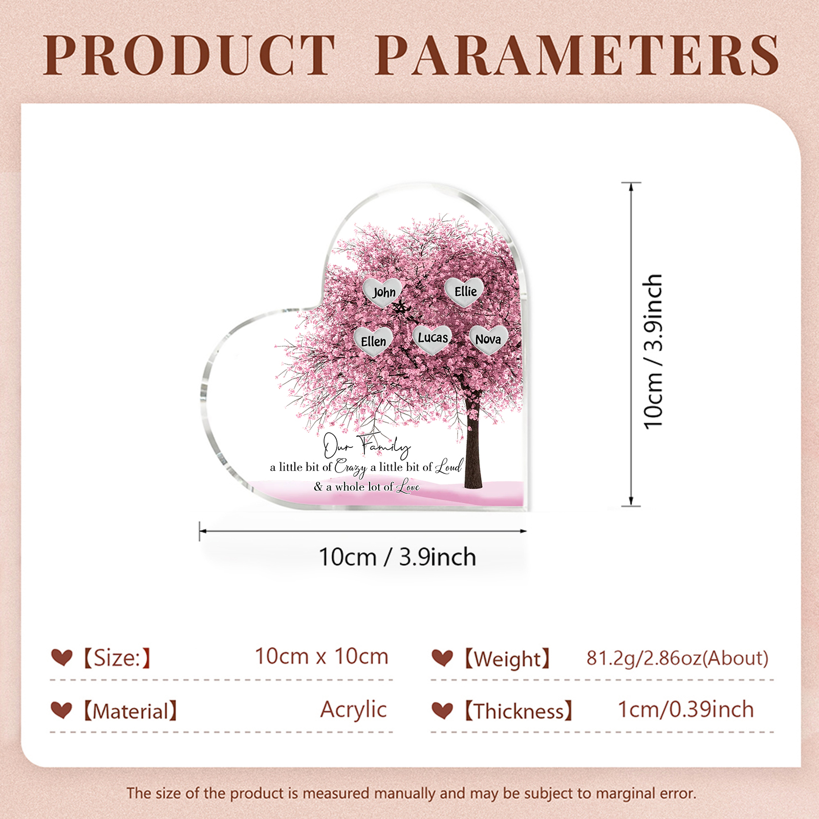 Personalised Pink Family Tree Acrylic Heart Plaque Custom 1–10 Names Ornament Christmas Gifts for Dad/Mum-Jessemade AU