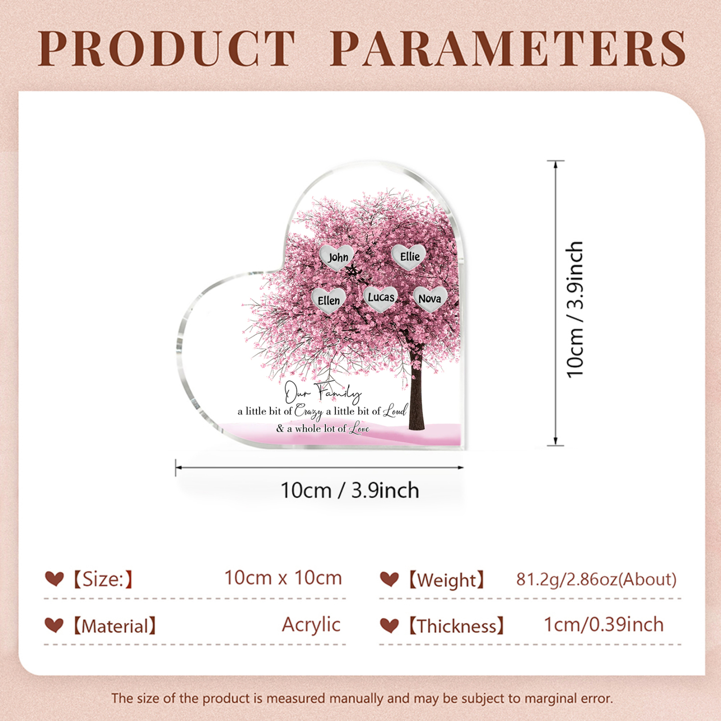 Personalised Pink Family Tree Acrylic Heart Plaque Custom 1–10 Names Ornament Christmas Gifts for Dad/Mum-Jessemade AU