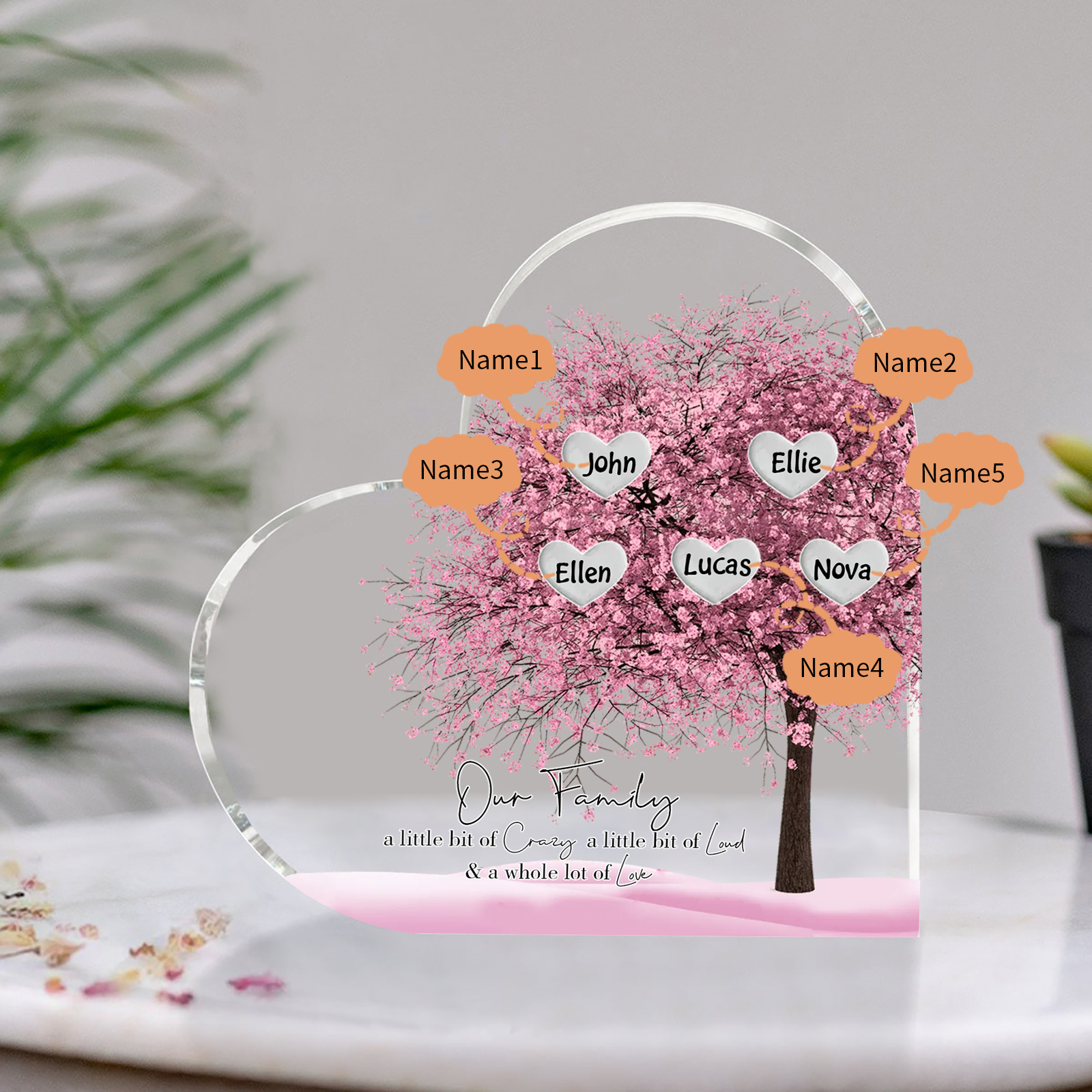 Personalised Pink Family Tree Acrylic Heart Plaque Custom 1–10 Names Ornament Christmas Gifts for Dad/Mum