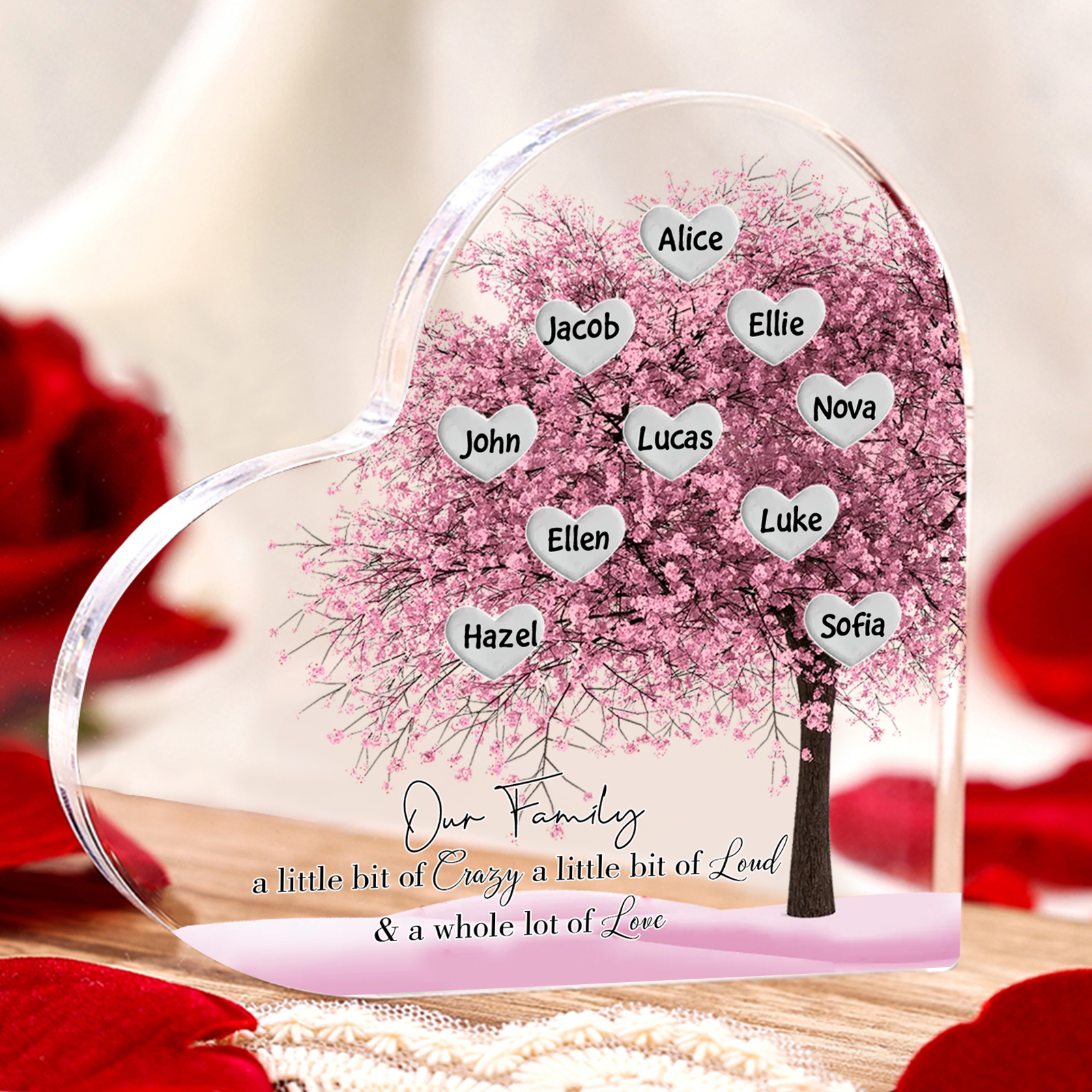 Personalised Pink Family Tree Acrylic Heart Plaque Custom 1–10 Names Ornament Christmas Gifts for Dad/Mum-Jessemade AU