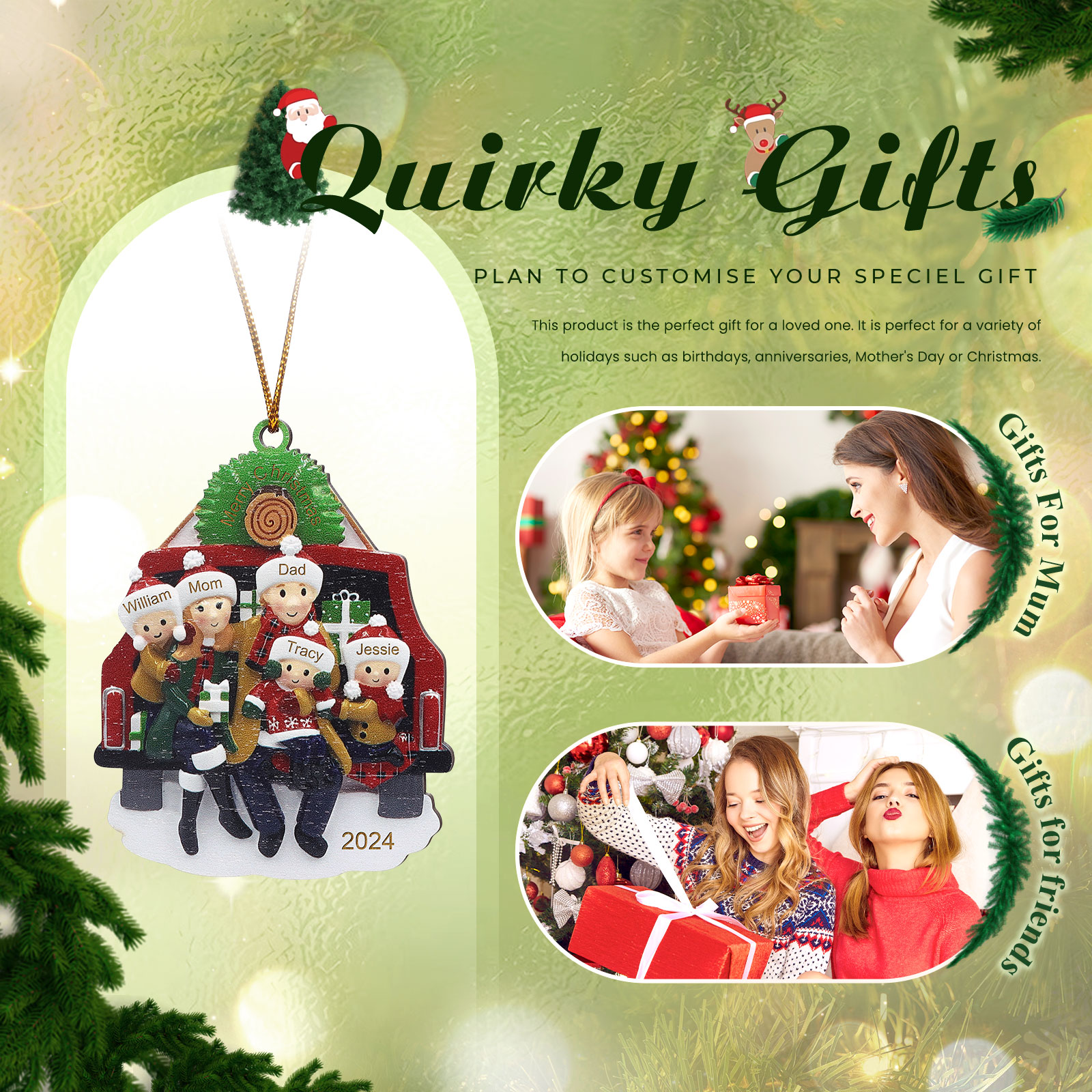 Custom Wooden Family Car Ornament Personalized Christmas Gift with 5 Names & Year-Jessemade AU