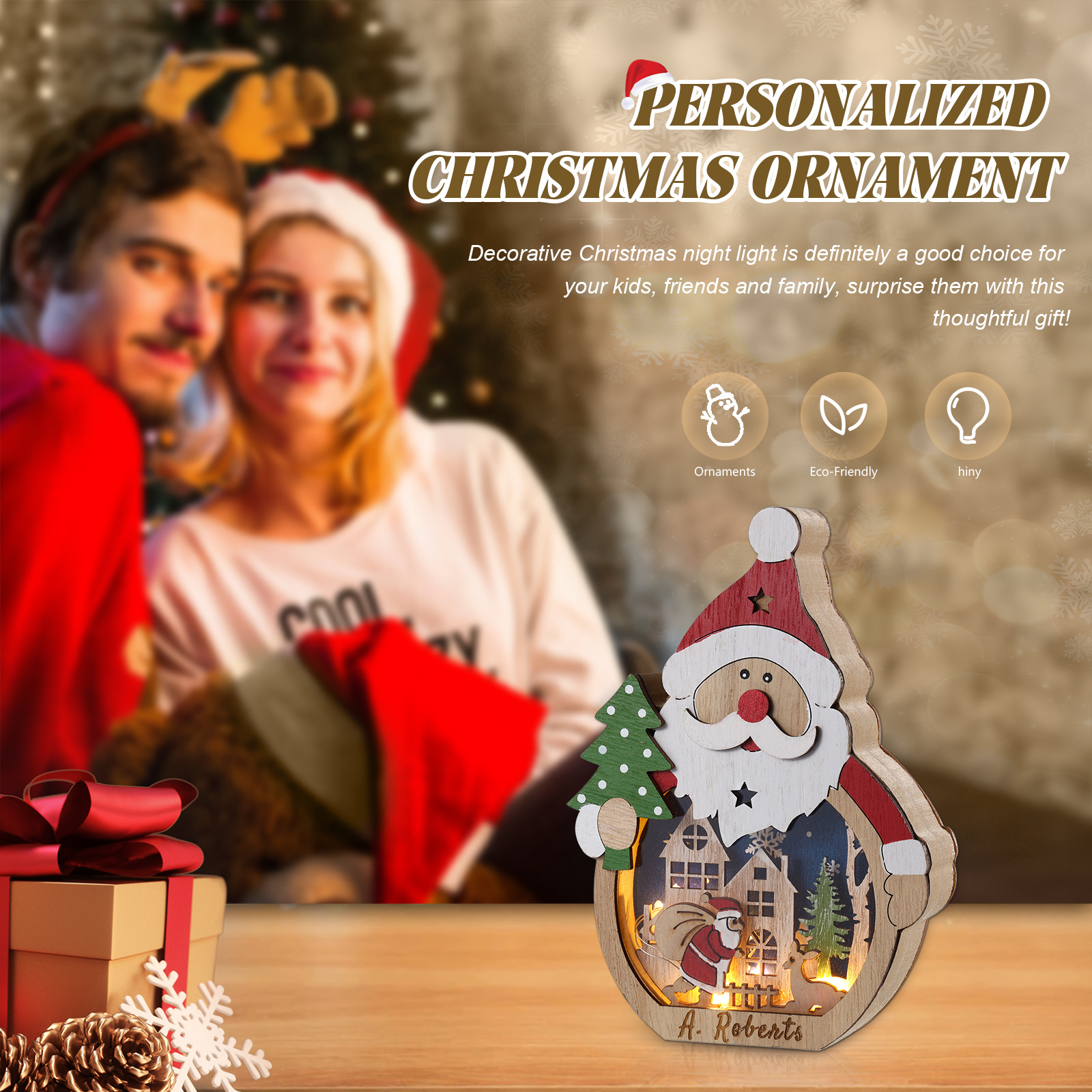 Personalised Wooden Santa and Snowman Night Light with Custom Names-Jessemade AU