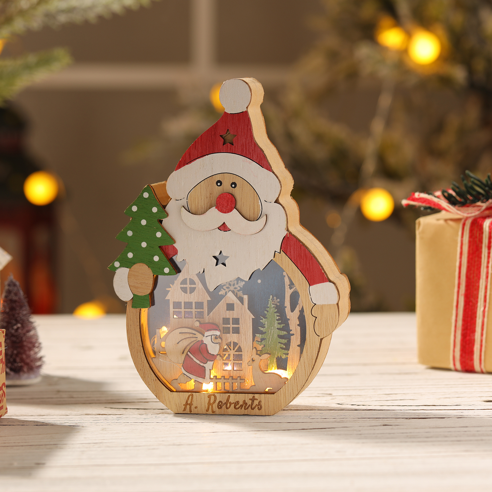 Personalised Wooden Santa and Snowman Night Light with Custom Names