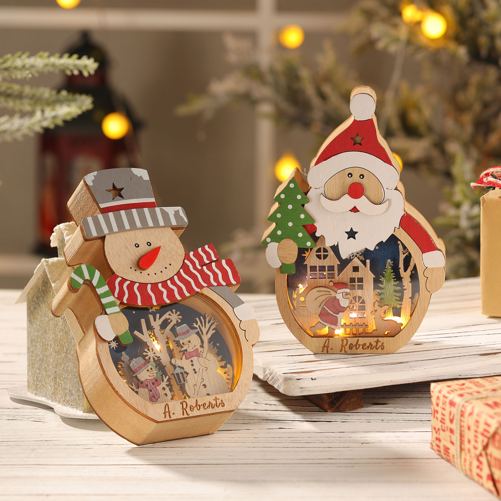 Personalised Wooden Santa and Snowman Night Light with Custom Names