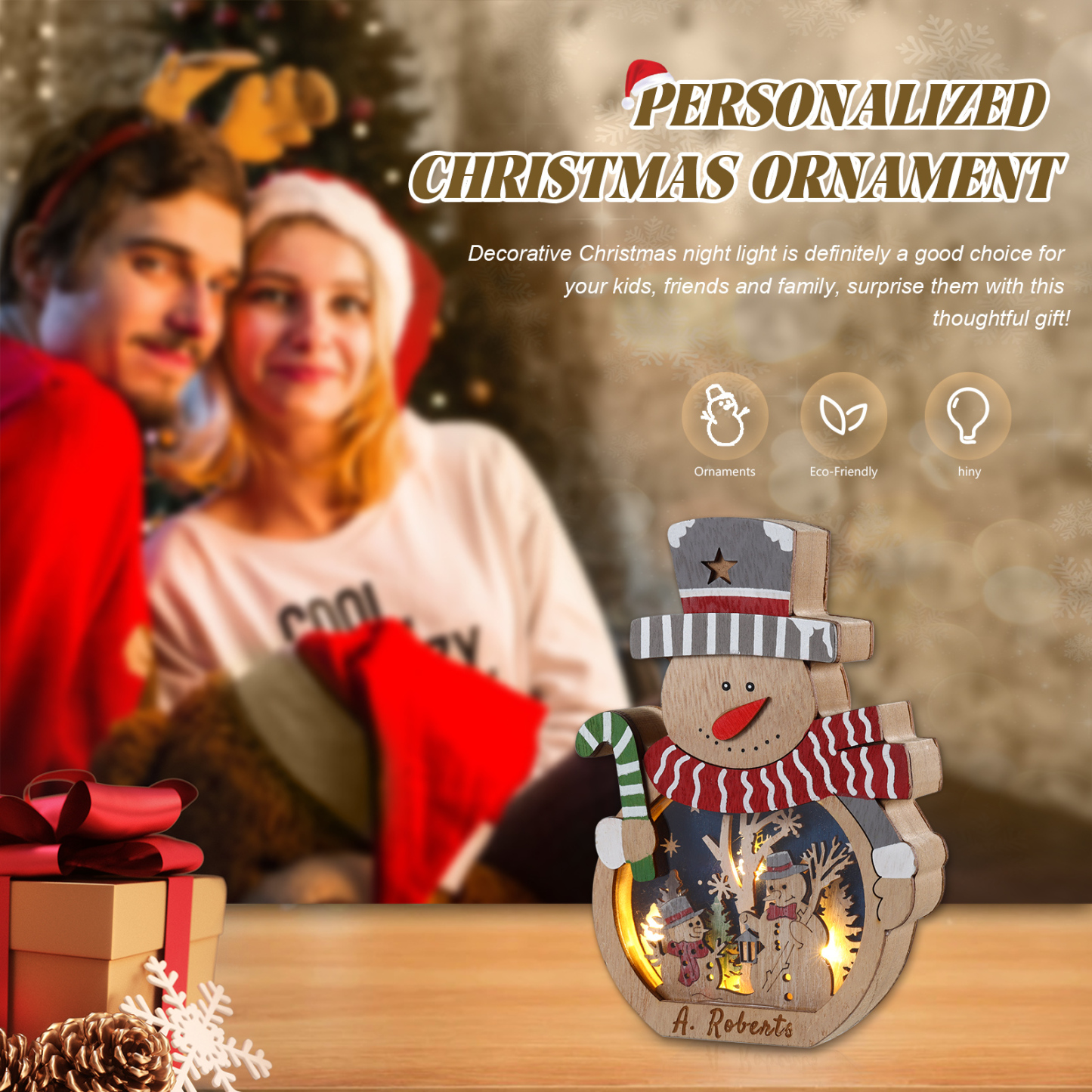 Personalised Wooden Santa and Snowman Night Light with Custom Names-Jessemade AU