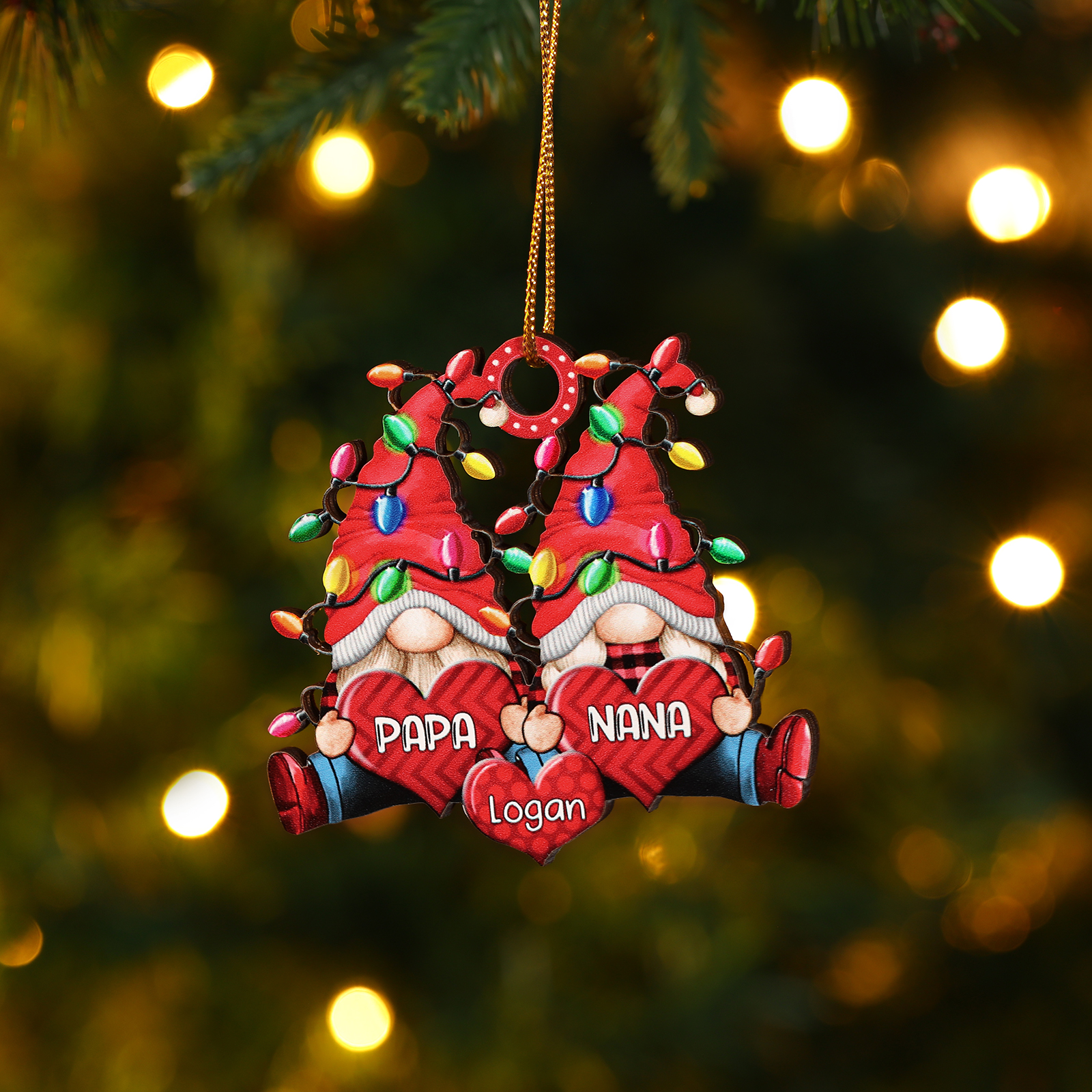 Personalised Gnome Family Wooden Christmas Ornament Custom with 2 Names Gift For Nana Papa
