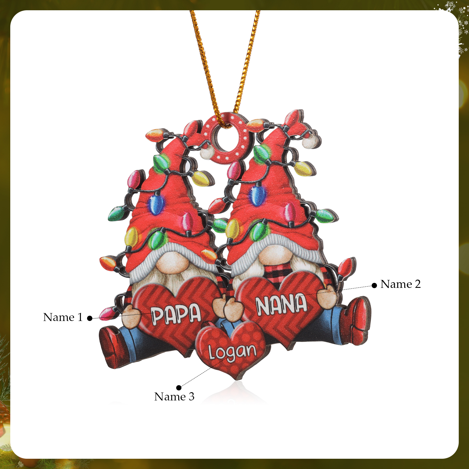 Personalised Gnome Family Wooden Christmas Ornament Custom with 2 Names Gift For Nana Papa